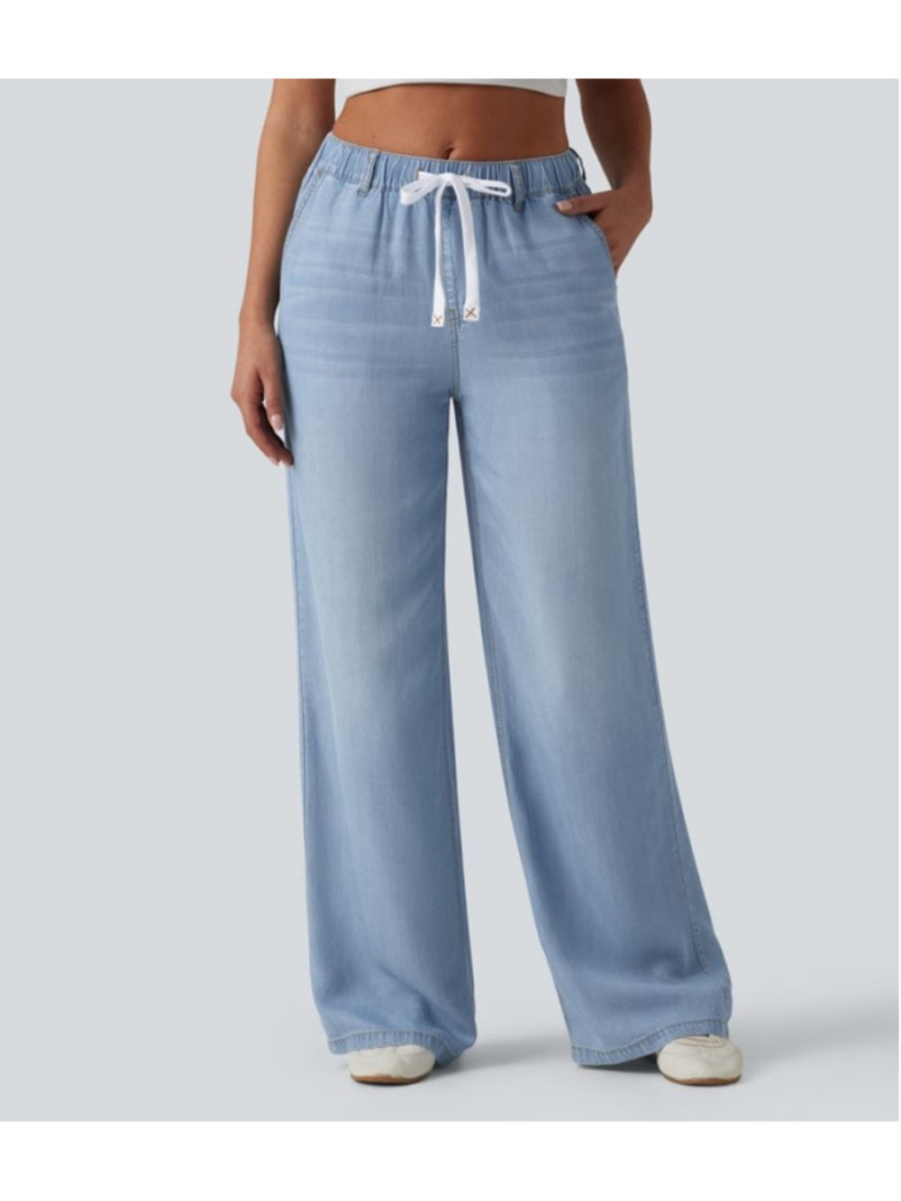 Halara Mid Rise Drawstring Casual Lt Blue Jeans with Pockets Size Large Petite